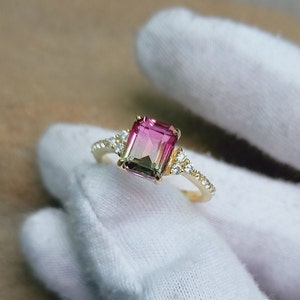 Wassermelonen-Turmalin Ring Wassermelone Turmalin , 925 Sterling Silber Ring Turmalin Doublette Quarz Silber Ring Achteck Wassermelone Turmalin Bi color Stein Ring
