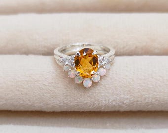 天然シトリンリングとオパールバンド、925スターリングシルバーリング 