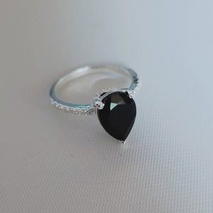 Black spinel ring pear cut black spinel ring 925 sterling silver ring black gemstone ring wedding ring, engagement ring, gift for her