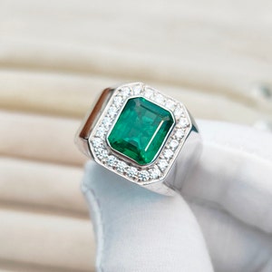 Emerald Mens Ring, Natural touch emerald ring, Octagon cut emerald ring, 925 sterling silver ring, lab grown Emerald Ring Hand Made