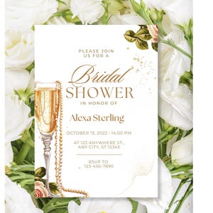 Pearls and Prosecco Editable Bridal Shower Invitation, Pearls & Prosecco Canva Bridal Invite Template, Wedding Shower Printable Card