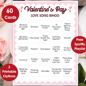 Jeu de bingo à chansons d'amour pour la Saint-Valentin : jeu de société à imprimer avec liste de lecture Spotify pour se réunir et s'amuser en téléchargement numérique