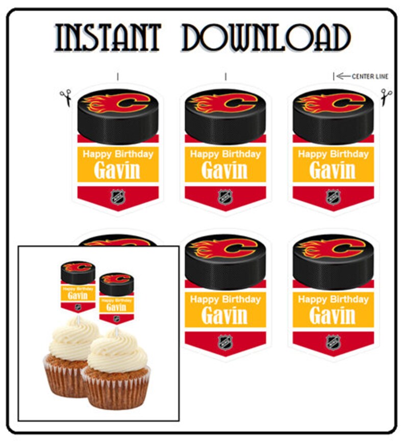 Hockey Puck cut and glue to a stick Calgary Flames Cupcake Toppers DIY Favors Just print Personalized Name PNG File