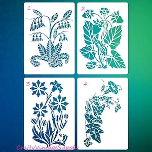 May include: Four different floral stencils, each with a unique design. The stencils are numbered 1 through 4. The stencils are made of a white material and are designed for use with paint or other mediums.