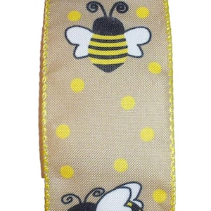 Bumblebee linen wired ribbon 2.5&quot; brown burlap color yellow dots black