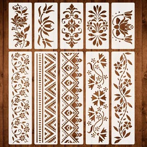 Set of 10pcs mixed ethnic folk art  lines edges stencil for cakes diy & crafts
