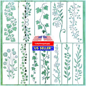 May include: A collection of stencils featuring various botanical designs, including leaves, vines, and flowers. The stencils are cut from white material and have green painted details. The image includes the text "CraftyVintageSupply" and "US SELLER".