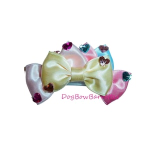 Puppy bows specialty yellow pink satin rhinestone hearts pet bow hair clip (fb114)