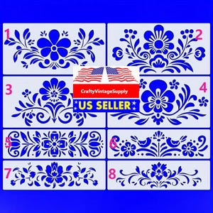 May include: Eight different floral stencils for crafting and decorating. The stencils are numbered 1 through 8 and are white on a blue background. The stencils feature various floral designs, including flowers, leaves, and vines.