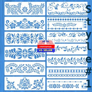 Set of 13pcs 12" x 4" folk art dutch geometric stencil for cakes diy & crafts