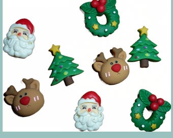 4 Christmas Santa claus tree Rudolph thumbtacks push pins assorted colors decorator message board thumb tacks (U94)