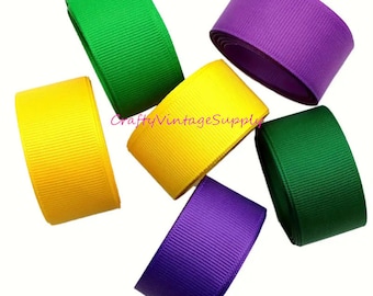 Grosgrain 1" Mardi Gras purple green yellow Polyester Ribbon 12 yards (W44)