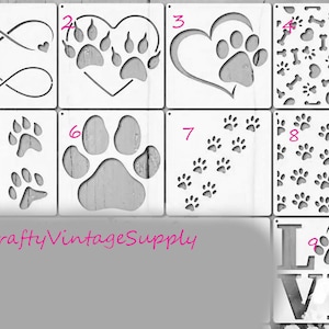 Può includere: Nove stencil diversi per l'artigianato, con impronte di zampe, cuori, ossa e la parola "LOVE".