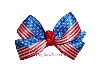 Puppy Bows Patriotic satin flag 4th of July dog bow  pet hair clip barrette or bands
