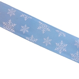 Grosgrain ribbon 5 yards light blue white snowflakes winter 1&quot;