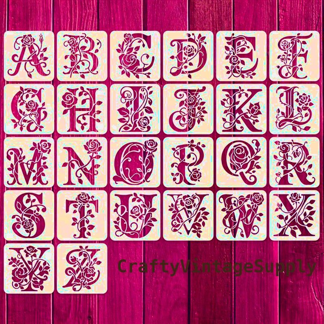 26pcs English Alphabet Letters Roses and Leaves Upper Case Stencils 4 ...