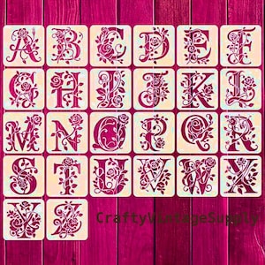 26pcs English Alphabet letters roses and leaves upper case stencils 4" x 4"