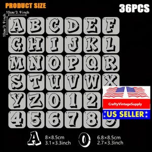 36pcs English Alphabet letters numbers shadowed boxy upper case stencils 4" x 4"