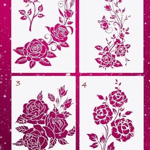Puede incluir: Cuatro plantillas de rosas diferentes para manualidades. Las plantillas están numeradas del 1 al 4. Las plantillas son blancas sobre un fondo rosa.