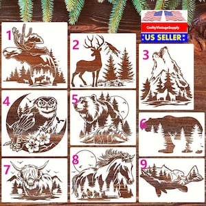 Łoś, jeleń, sowa, niedźwiedź, wilk, ryba, dzika przyroda, las, szablon do płytek i rękodzieła