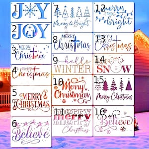 May include: A collection of sixteen rectangular metal signs with various Christmas and winter-themed phrases and designs. The signs feature words like "Joy," "Merry Christmas," "Believe," and "Hello Winter" in different fonts and colors.