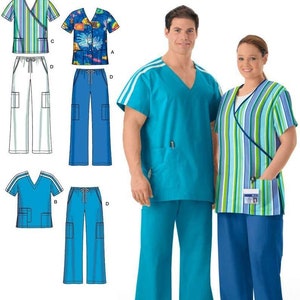 Puede incluir: Un patrón de costura para uniformes médicos, con una parte superior a rayas azules, verdes y blancas, una parte superior azul con rayas blancas y pantalones azules. El patrón está etiquetado como "Simplicity easy-to-sew" y "4101".