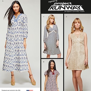 以下が含まれることがあります： 4種類の異なるドレスの縫製パターン。このパターンはProject Runwayからインスピレーションを得ており、青と白のイカットプリントのドレス、花柄のドレス、青と白のパターンのドレス、茶色のスエードのドレスが含まれています。