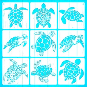 May include: Nine turquoise sea turtle designs on a white background with a light blue border. Each turtle has a unique pattern on its shell and flippers. The image is a grid of square tiles, perfect for crafting or home decor.
