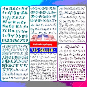 May include: A collection of alphabet stencils in various fonts, including cursive, block, and gothic styles. The stencils are in a variety of sizes and include numbers and symbols. The image also includes the text "US SELLER" and "CraftyVintageSupply".