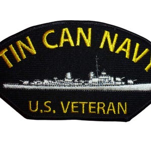 Tin Can Navy U.S. Veteran Destroyer iron on clothing patch black oval shape 6"