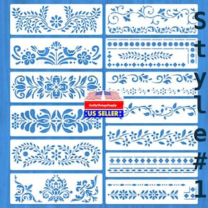 Set of 13pcs 12" x 4" folk art dutch geometric stencil for cakes diy & crafts
