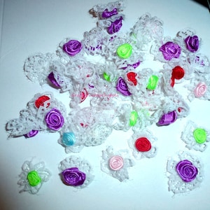 Lace ribbon roses 42 white purple red pink flowers appliques (w17)