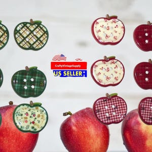 赤または緑の田舎風アップルボタン ギンガムチェック 4つ穴ボタンセット 6個