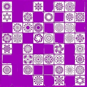 May include: A grid of square stencils featuring various geometric, floral, and mandala-inspired patterns in white against a vibrant purple background. Each individual square stencil is numbered and displays a unique, intricate cutout design.