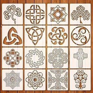 16 szt. celtyckich symboli węzłów, runy, krzyża i koniczyny, szablony 6" x 6" do majsterkowania i rękodzieła