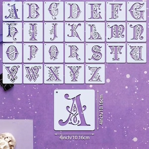 26pcs English Alphabet letters swirls and scrollwork upper case stencils 4" x 4"