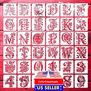 36pcs English Alphabet letters numbers roses leaves upper case stencils 4" x 4"