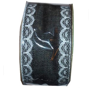 May include: A roll of black ribbon with white lace trim. The ribbon is wrapped in clear plastic and has a green label.