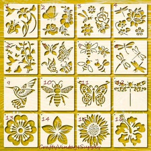 Bees dragonfly flowers scrapbook notecard stencil for tile crafts 5" x 5"  (y13)