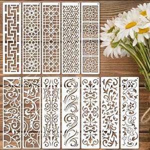 12pcs Mixed media leaves vines and geometric stencils 12" x 3"