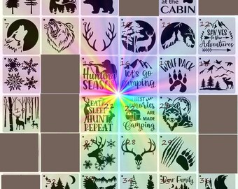 Pochoirs faune, forêt, animaux, montagnes, cabane, camping 5" (Y99)