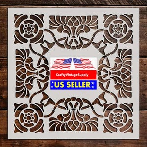 May include: A white stencil with a decorative floral design. The stencil is made of durable plastic and is reusable. The stencil is perfect for creating intricate designs on walls, furniture, and other surfaces. The stencil is 12 inches by 12 inches.