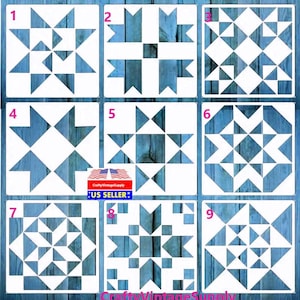 Puede incluir: Se muestran nueve plantillas diferentes para bloques de colcha, numeradas del 1 al 9, sobre un fondo de madera azul. Las plantillas están hechas de plástico blanco y están diseñadas para ser utilizadas para pintar o hacer manualidades.