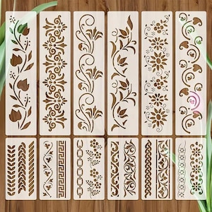 Juego de 12 plantillas con bordes de líneas y flores mixtas para tartas, manualidades y bricolaje.