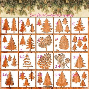 Może przedstawiać: Dwudzieścia różnych szablonów do rękodzieła, przedstawiających sosny i szyszki. Szablony są wykonane z drewna i ponumerowane od 1 do 20.