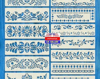 Set of 13pcs 12" x 4" folk art dutch geometric stencil for cakes diy & crafts