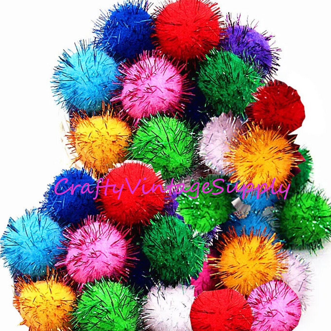 50 Pc Small 1/2-3/4 Metallic Tinsel Sparkly Multi Color Pom Poms Cat Pet  Toy Gift Pom Pom Decor Puff Ball DIY Kid Craft Mini Garland Supply 