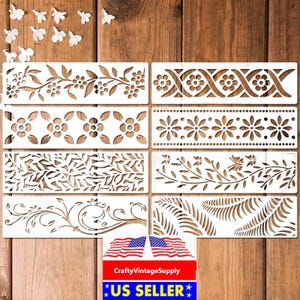 Set of 8pcs mixed feathers vines flowers lines stencils for cakes diy & crafts