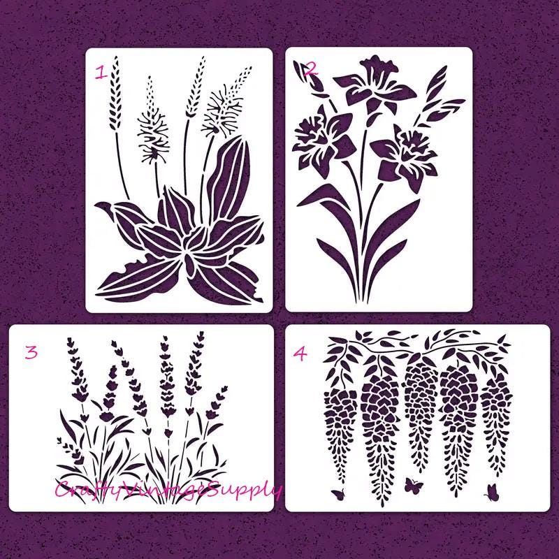 ラベンダー、デイリリー、藤の茎、葉、花のステンシル（タイルや工芸品