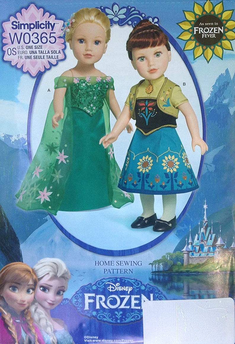 May include: Simplicity sewing pattern W0365 for making Frozen doll clothes. The pattern includes instructions for making two dresses, one green and one blue, with floral details. The pattern is for one size and is suitable for dolls.